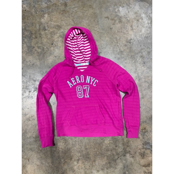 Aeropostale Tops - Aeropostale Hoodie Women L‎ Pink Aero NYC 87 Pullover Striped Hood Y2K